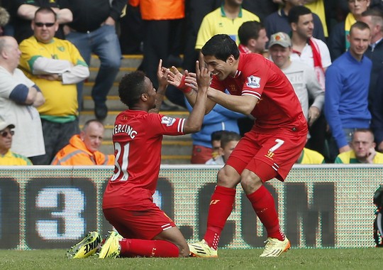Suarez và Sterling ăn mừng bàn thắng vào lưới Norwich