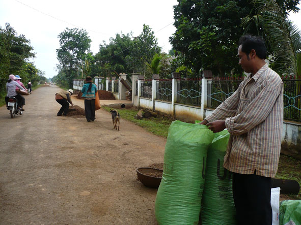 Nhiều hộ dân trữ cà phê tại nhà thường không có kho bãi bảo đảm  nên thường xuyên phải đưa ra phơi lại (Ảnh chụp tại thôn 1, xã Ea Tiêu, huyện Cư Kuin).