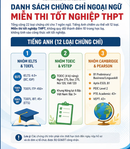 22 chứng chỉ được miễn thi Ngoại ngữ tốt nghiệp THPT 2026