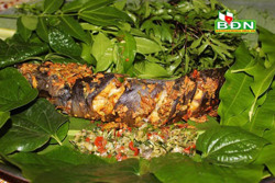 Cá trê nướng cuốn rau rừng