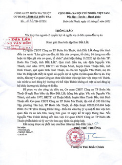 Công an TP Buôn Ma Thuột thông báo truy tìm người có quyền lợi và nghĩa vụ có liên quan đến một vụ án