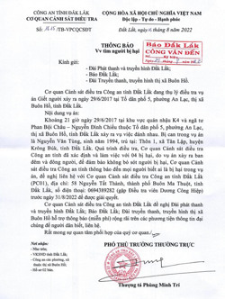 Công an tỉnh Đắk Lắk thông báo tìm bị hại