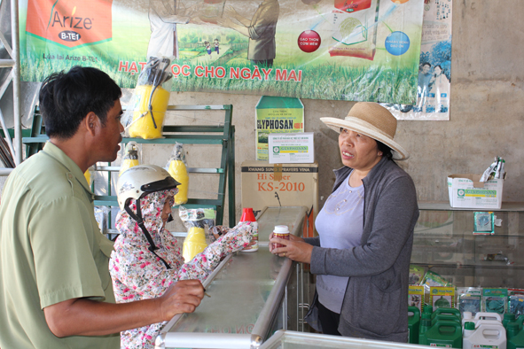 Nông dân mua thuốc tại một cửa hiệu BVTV, thị trấn M'Drak, huyện M'Drak.