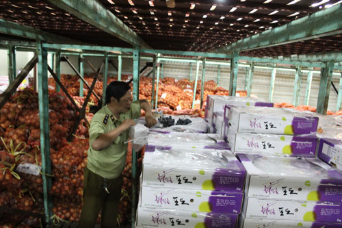 Nhiều thùng trái cây Trung Quốc bán tại chợ đầu mối Thủ Đức không có nhãn phụ theo quy định