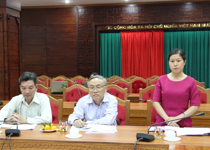 Phó Giám đốc Sở Tư pháp Phan Thị Hồng Thắng đóng góp ý kiến tại cuộc họp.