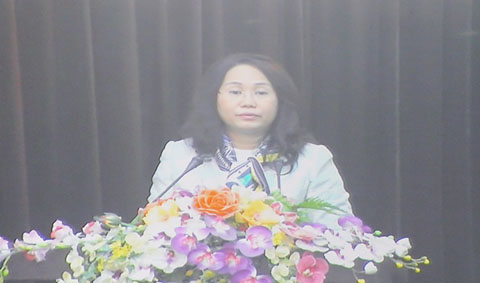 Phó Trưởng Ban tuyên giáo Trung ương Lâm Thị Phương Thanh phát biểu tại hội nghị (Ảnh chụp qua màn hình).
