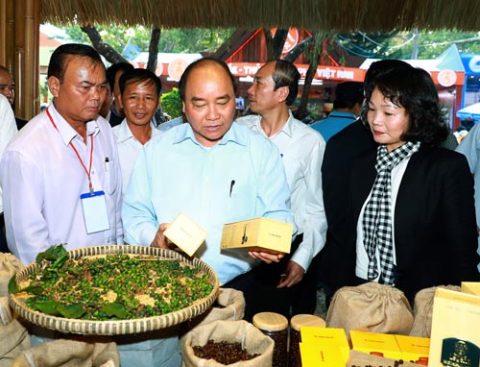 Thủ tướng Nguyễn Xuân Phúc thăm các gian hàng trưng bày cà phê tại hội chợ triển lãm cà phê của Lễ hội Cà phê Buôn Ma Thuột Ảnh: TTXVN