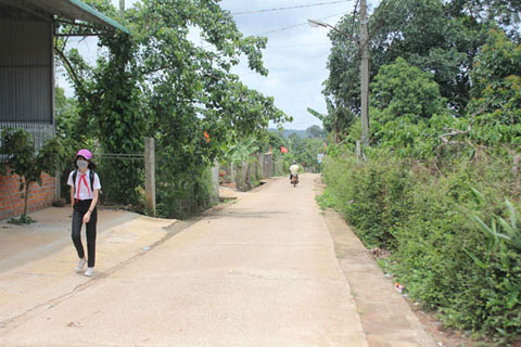 Một trong những tuyến đường được bê tông hóa sạch đẹp tại thôn 8A, xã Pơng Drang.