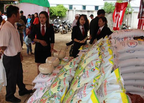 Sản phẩm gạo VietGAP của Công ty TNHH MTV Cà phê 721 tại một gian hàng nông nghiệp ở huyện Ea Kar.