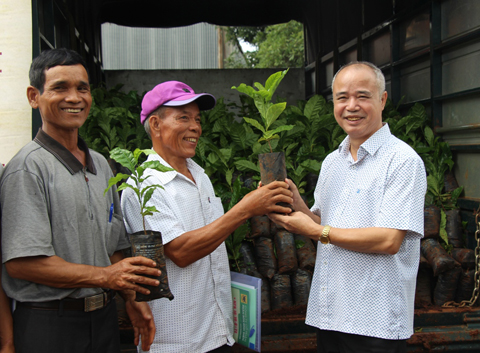 Ông Phạm Quang Vũ, Chủ tịch  Hội đồng quản trị  Công ty CP Vinacafé Biên Hòa  (bìa phải) trao cây giống hỗ trợ người dân.